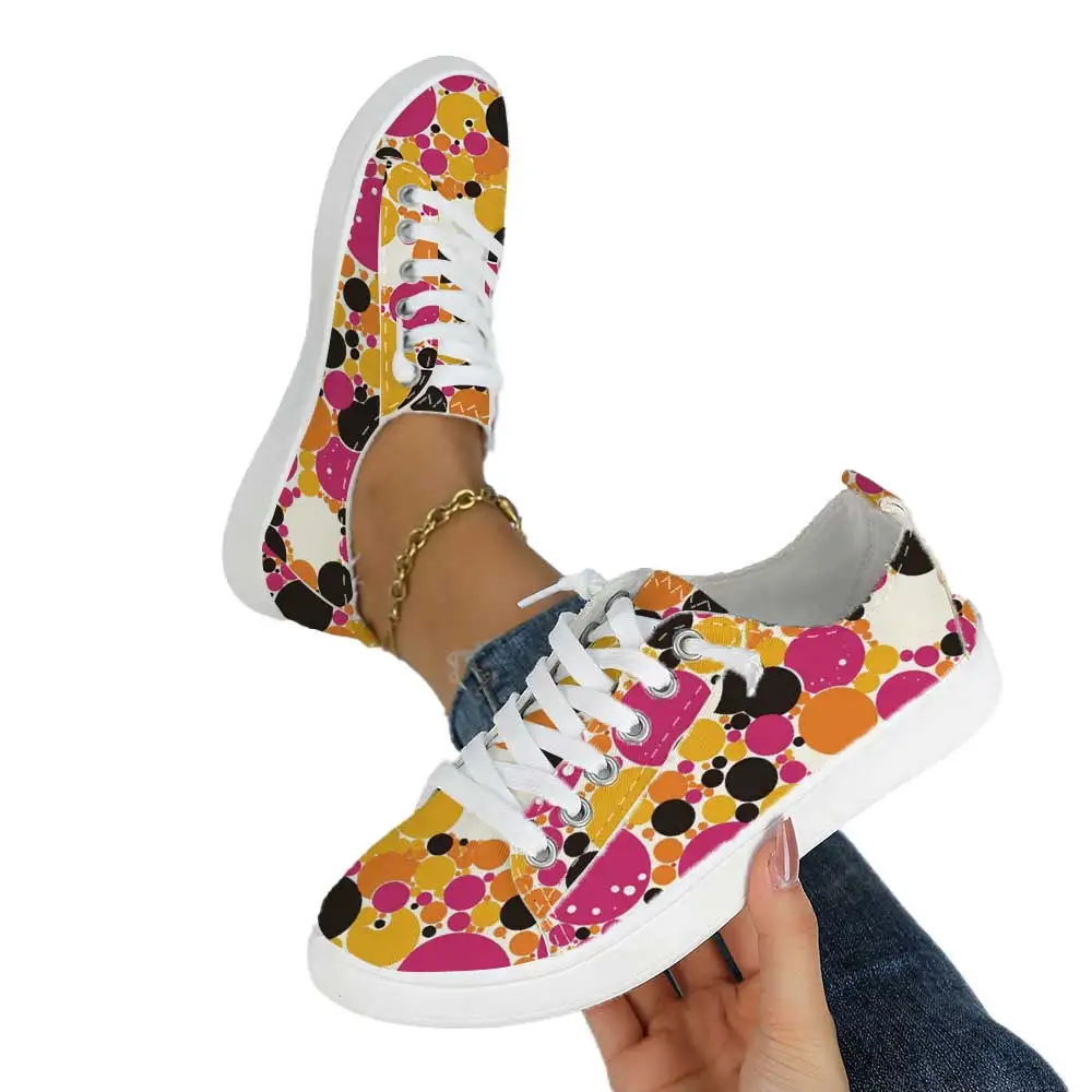 

Colorful Polka Dot Printed Canvas Shoes for Women, Low-Top Lace-Up Versatile Casual Sneakers, Breathable Flat Shoes
