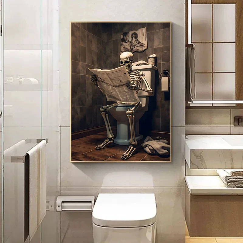 Funny Bathroom Dog Animal Sitting on The Toilet Reading A Newspaper Art Poster Canvas Painting Wall Prints Picture Home Decor