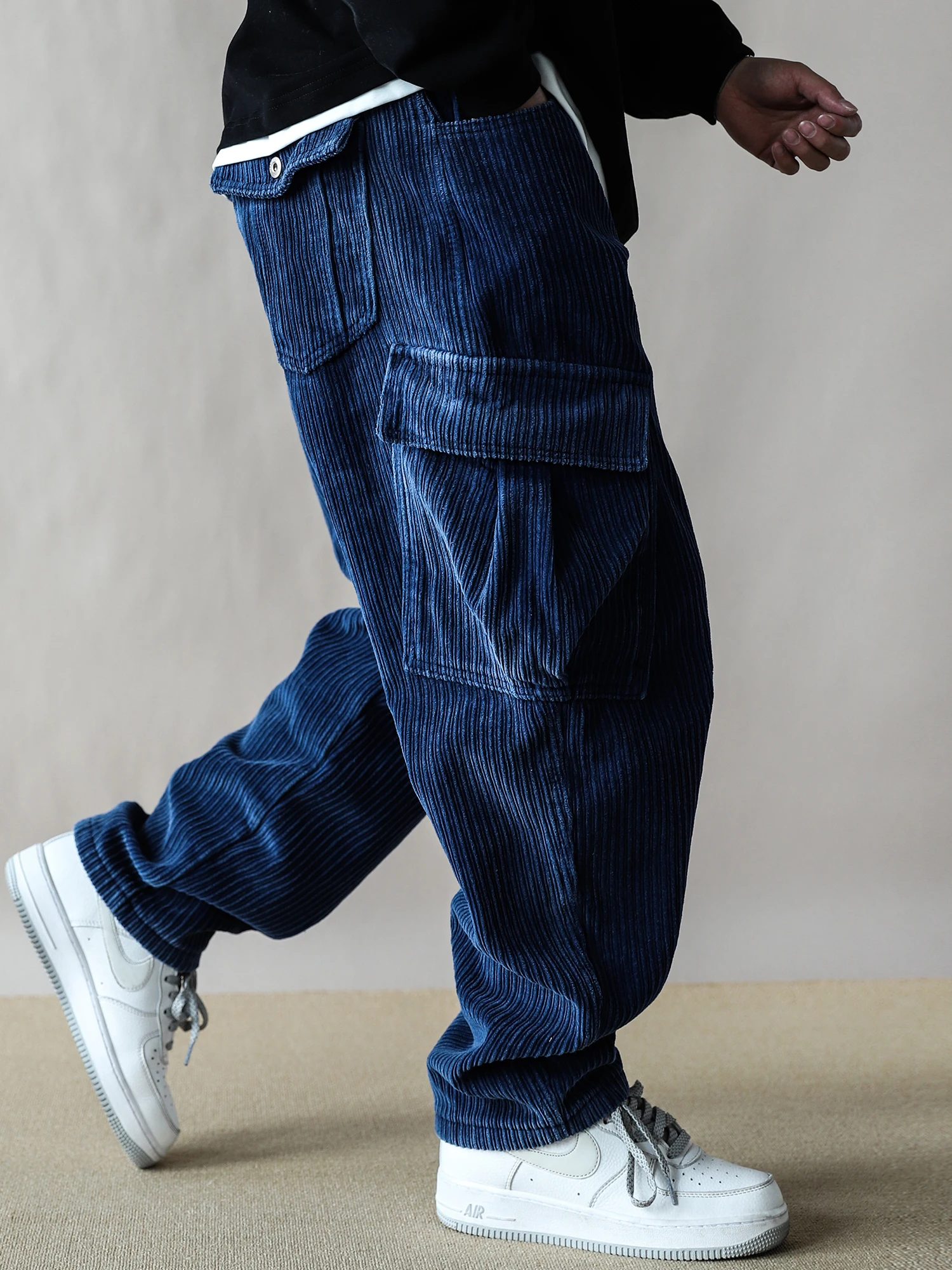 

American Workwear Sle Corduroy Loose Casual Pants with kets Thiened Fce Blue Men's Knife-ape Long Trousers