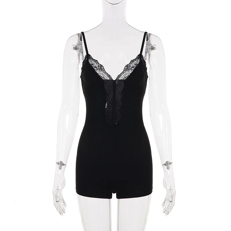 

Sexy hot girl patchwork lace see through hollow out V-neck slim fit and slimming bottom jumpsuit