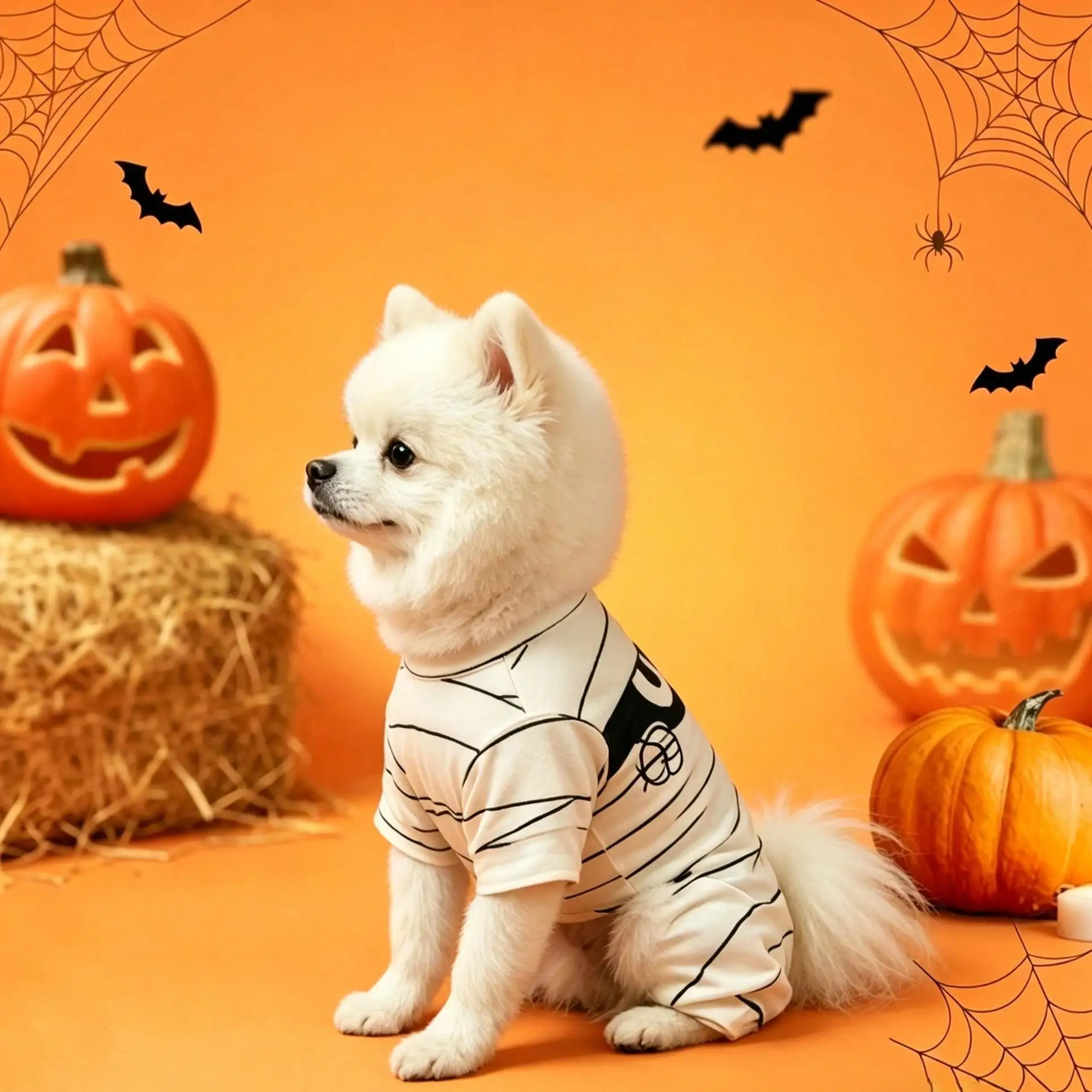 Halloween Mumien-Bandage Gestreifter Hunde-Vierbeiner-Overall mit Spähenden Mumienaugen und Handabdruck Haustier-Pyjama-Outfit für Kleine und Mittelgroße Hunde und Katzen – Detail 4