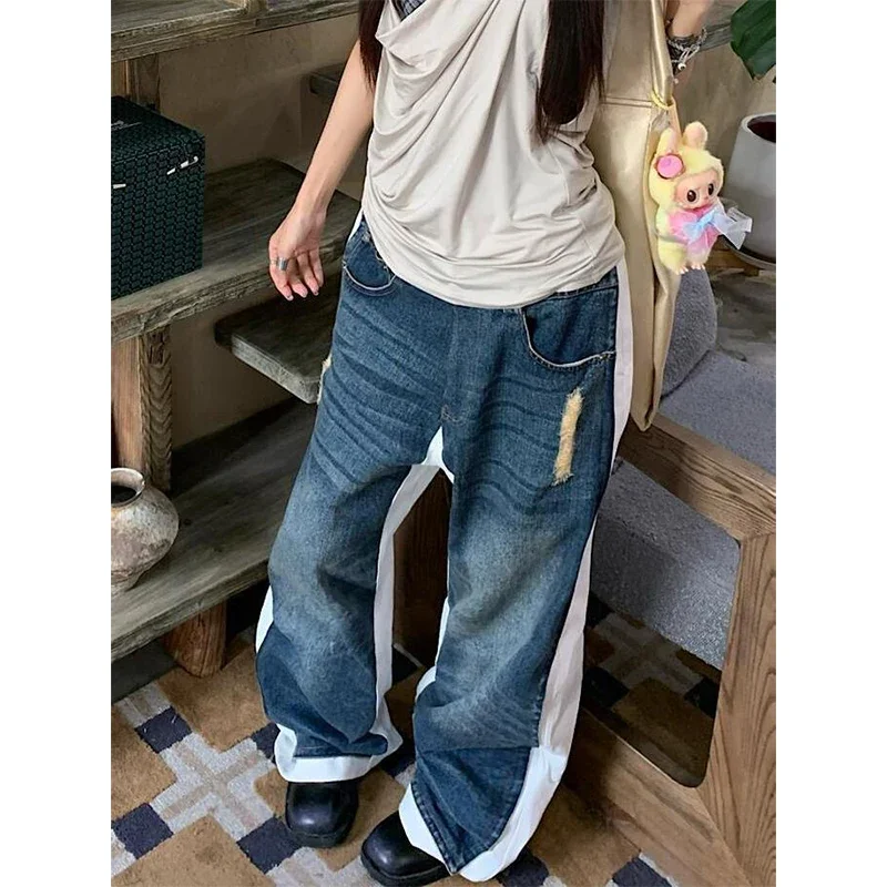 

2025 Autumn Women Vintage Y2k Baggy Jeans White Blue Patchwork Harajuku Denim Trousers Japanese 2000s Grunge Jean Pants Clothes