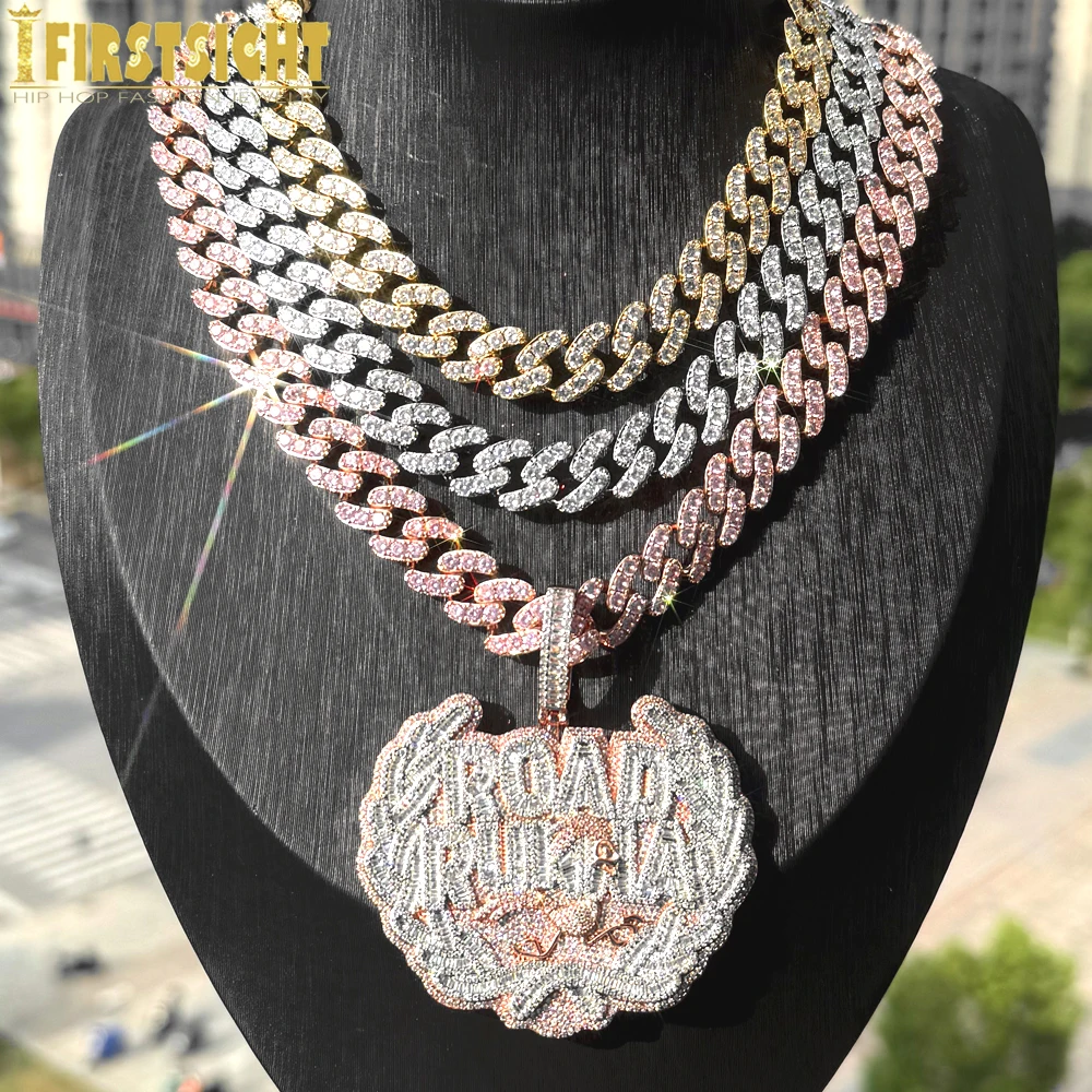 

Iced Out Bling Letter Road Runna Кулон Ожерелье CZ Цирконий 12 мм Кубинская Цепочка Значок Очарование Мужская Мода Хип-Хоп Ювелирные Изделия