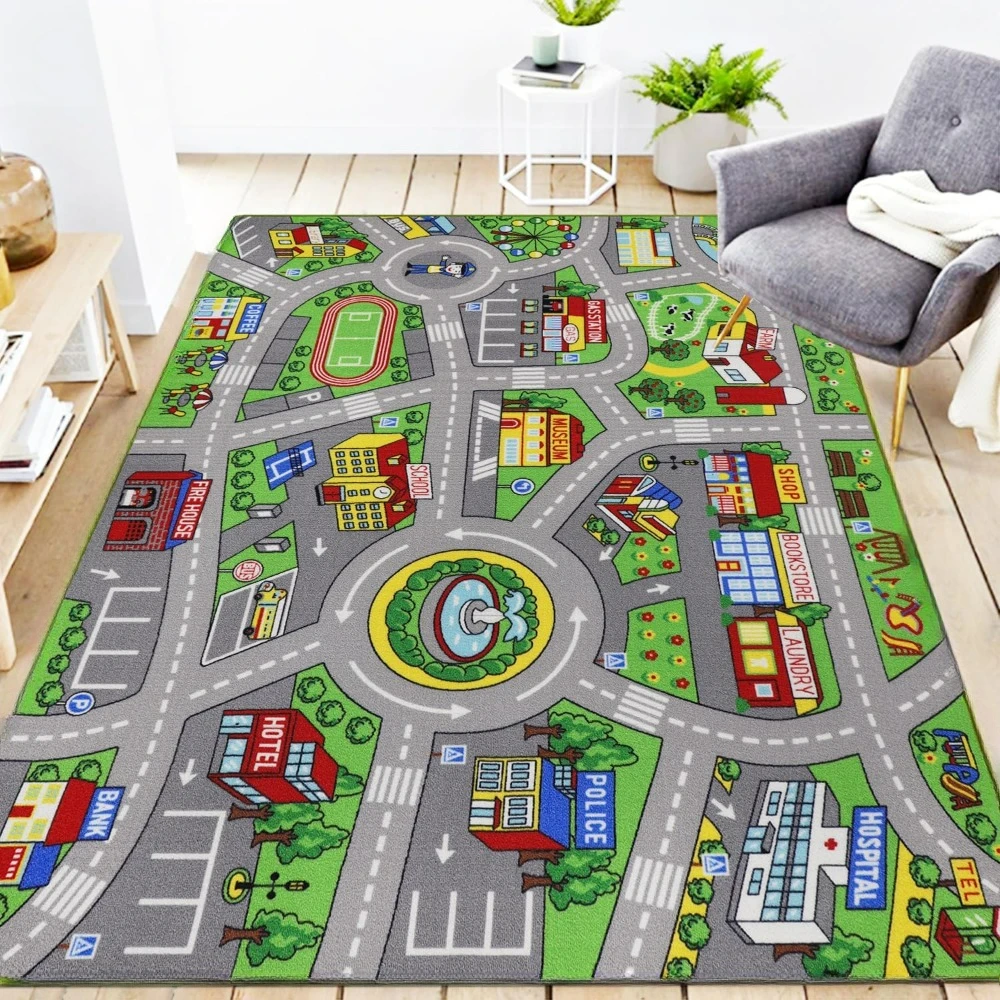 Childrens Traffic Road Playmat Rug Washable Car Map Educational Learning Nursery Carpet for Playroom Bedroom Decor Alfombra