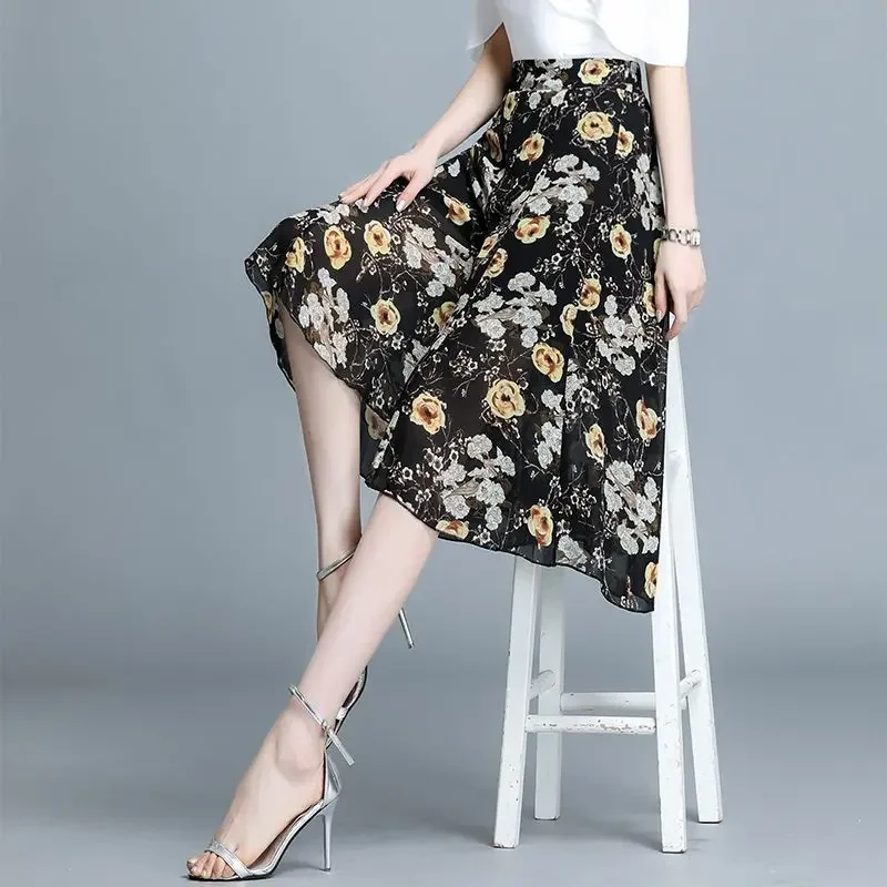 Summer New Chiffon Floral Knee Length Pants Thin High Waist Printing Loose Pants Casual Fashion Women Clothing