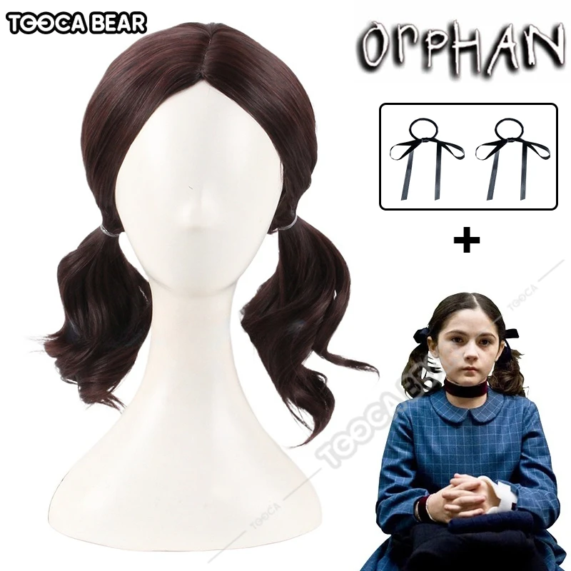 Orphan 3 Esther Coleman Cosplay Perruque pour Femme, Cheveux Bruns à Double Queue de Cheval, Cheveux en Fibre Résistants à la Chaleur, Bonnet de Perruque Gratuit, Halloween