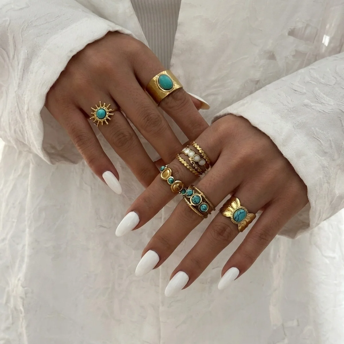 Edelstahl Blau Naturstein Geometrische Fingerringe für Damen und Herren Französischer Vintage Sonnenblumen-Blatt Runder Ovaler Ring Schmuck – Detail 20