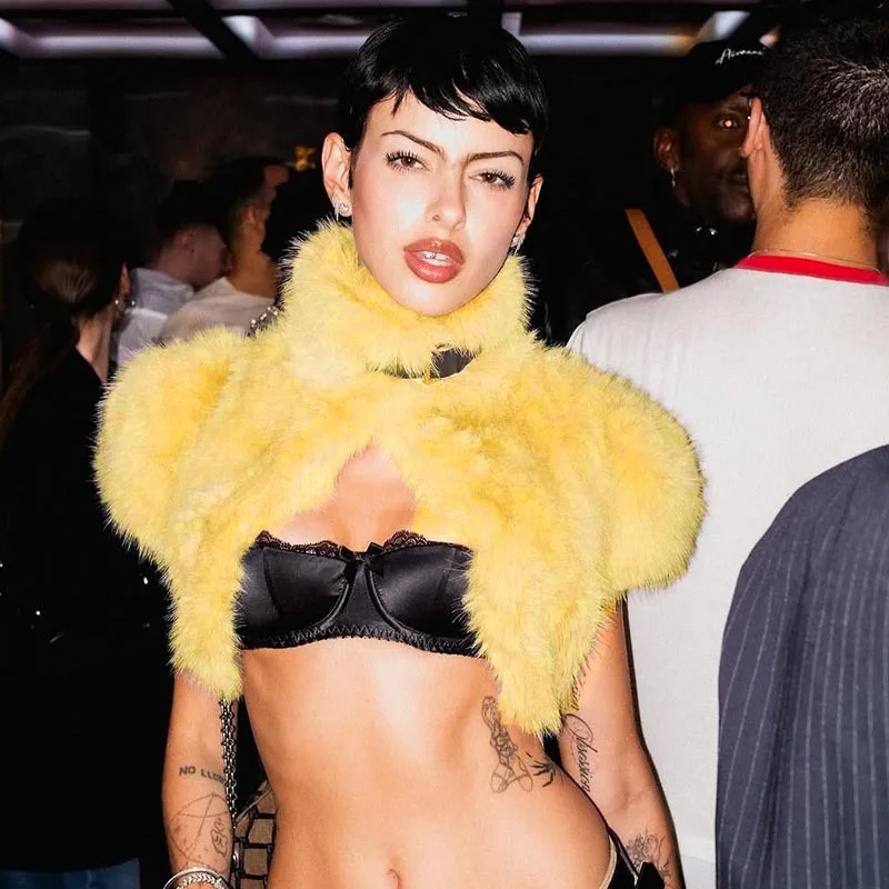 

Y2k Sexy Women Fur Cardigan Jackets Tops Short Sleeves Leather Buckle Stand Collar Crop Jacket Outerwear Plush Coats & Jackets