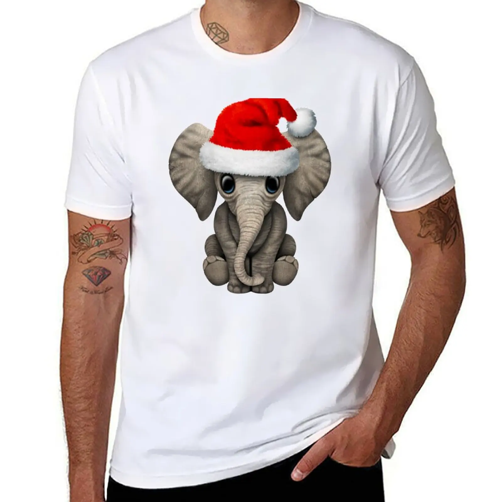 Camiseta de algodón de alta calidad con estampado de elefante bebé con gorro de Papá Noel, camiseta de anime, camiseta oversize para hombre, camiseta de verano para hombre