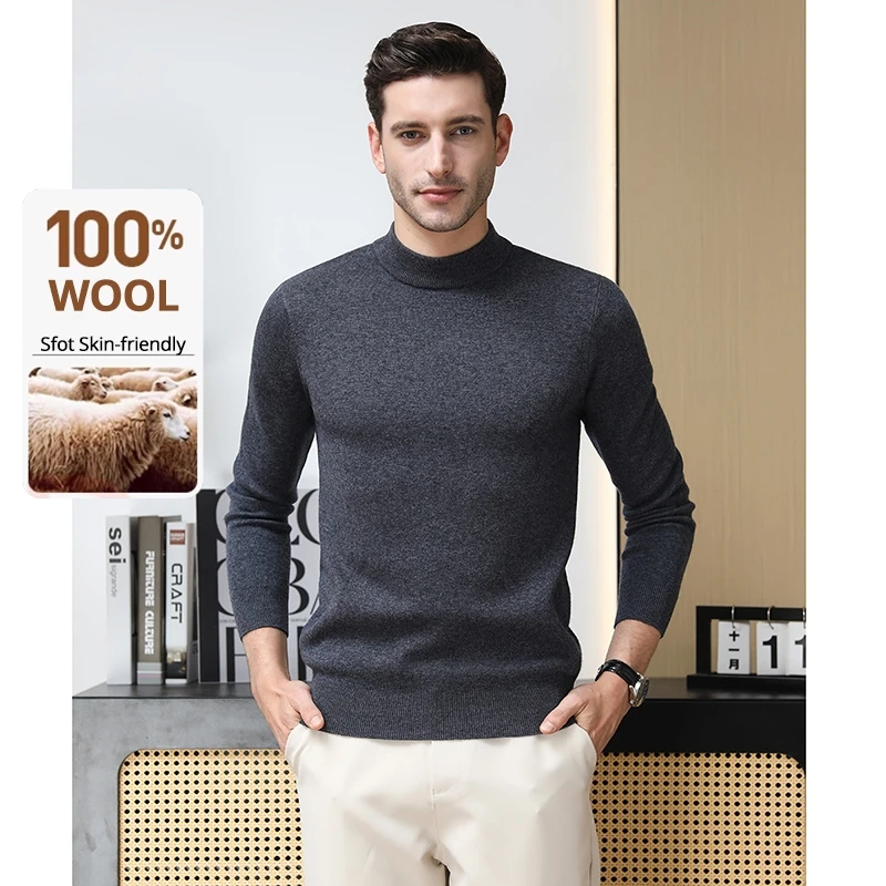 Jersey grueso de lana de 100% de gama alta para hombre, jersey de punto de marca a la moda para otoño e invierno, suéter de negocios de medio cuello alto, ropa informal para hombre