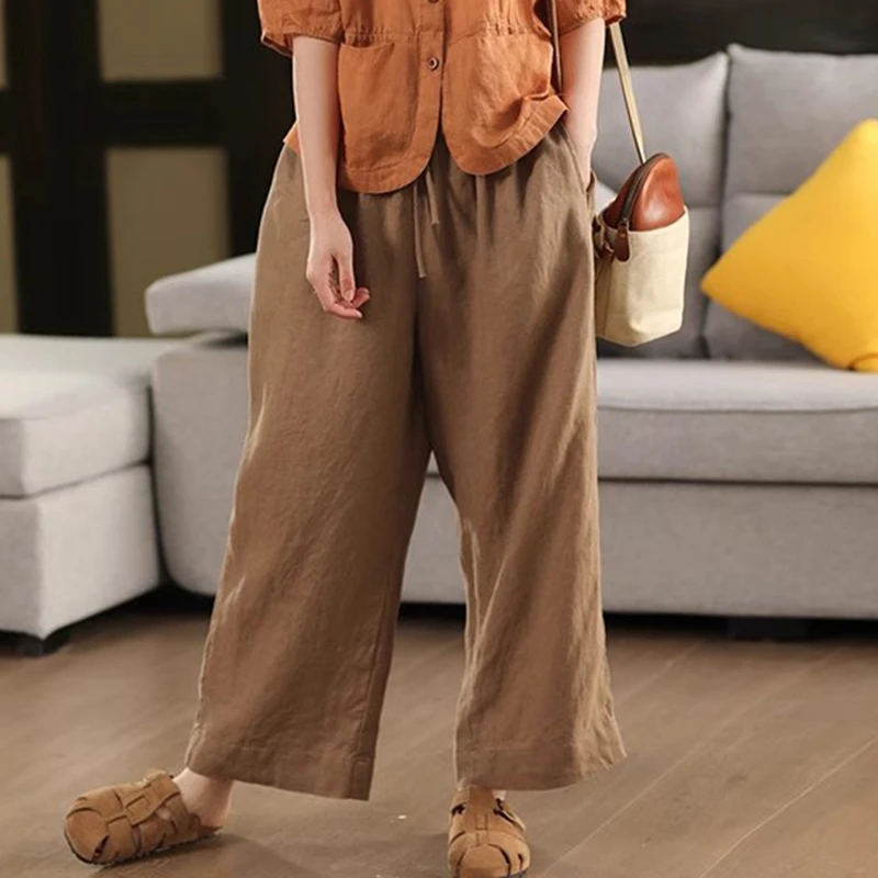 

100% льняные женские повседневные брюки до щиколотки, Новое поступление, весна 2023, винтажный стиль, однотонные свободные женские широкие брюки M1580