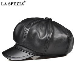 LA SPEZIA Genuine Leather Men Women Newsboy Cap Sheepskin Mens Beret Vintage High Quality Male Female Black Octagonal Cap