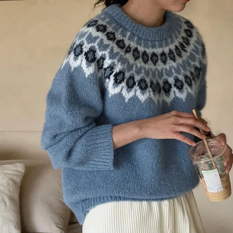 Pullovers Women Knitted Tops Round Neck Full Sleeve Sweaters Top Elegant Splice Knit Jumpers Thick Warm Autumn Winter 2024