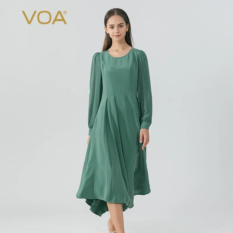 

VOA Spruce Green 30 Momme Heavyweight Distressed Silk O-neck Dresses Women Spliced Georgette Bubble Long Sleeves Dress AE1767