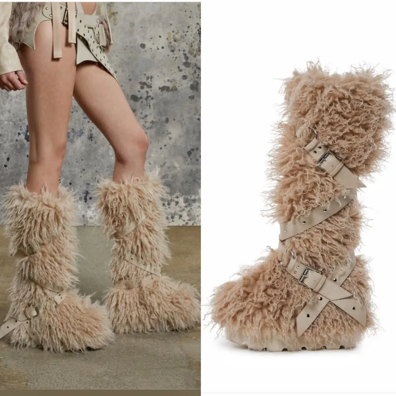 2025 New Designer Luxury Women Fluffy Real Fur High Tube Snow Boots Long Fur Mongolian Wool Boots Knee High Snow Boot view 2