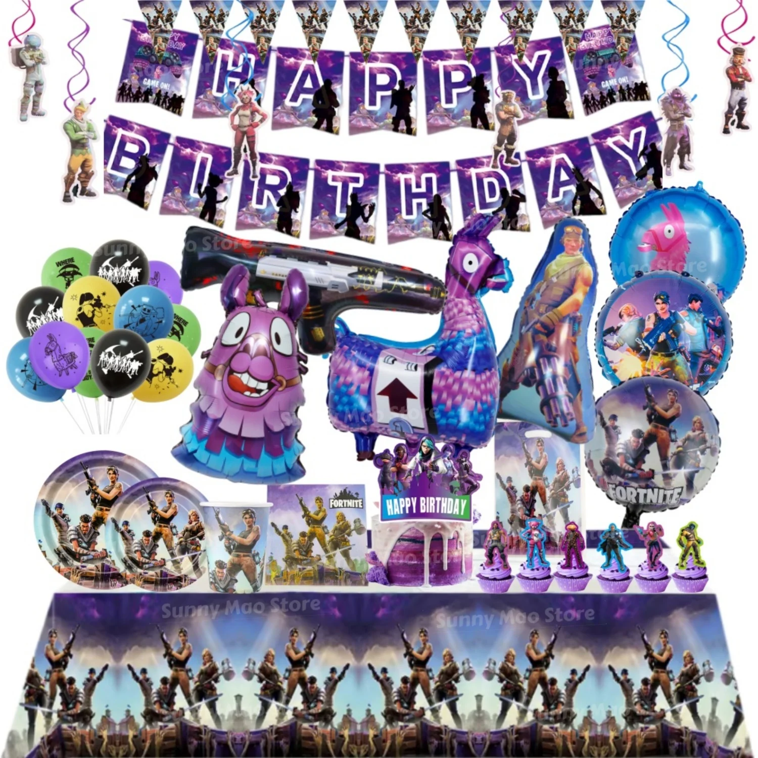 Suministros de decoración para fiesta de cumpleaños con tema de Fortnite, vajilla para juegos de disparos, vasos, platos, mantel, globos para recuerdos de Baby Shower