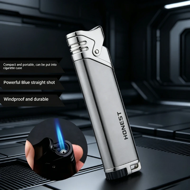 Briquet torche compact HONEST à flamme bleue, rechargeable au butane, pour cigarettes, pipes et cigares, gadget de fumage masculin vide pour gaz