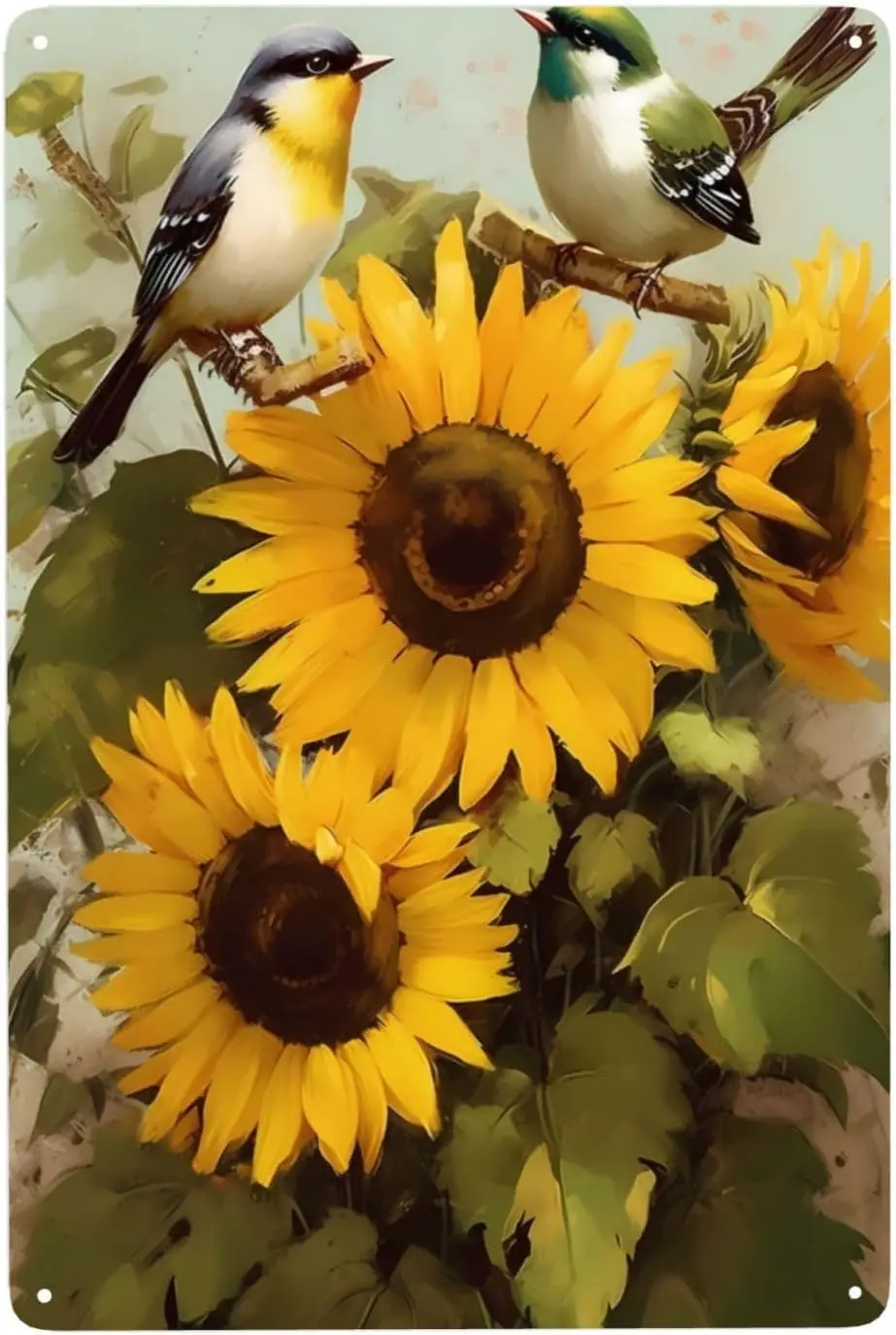 Two Cute Birds Chats In Sunflowers Metal Tin Sign, Wall Decor For Home Office Bar Garden Man Cave, Metal Tin Signs 8x12