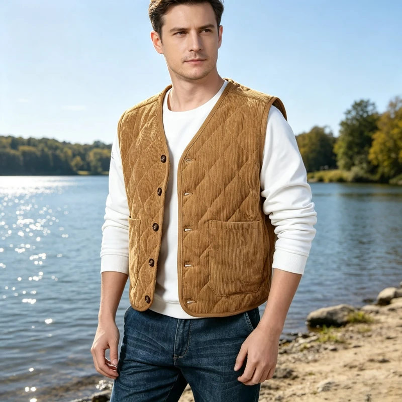 2026 Winter Padded Warm Vest Men's Diamond Check Shoulder Undershirt Workwear Corduroy V-neck Jackets Men Clothing Large Size