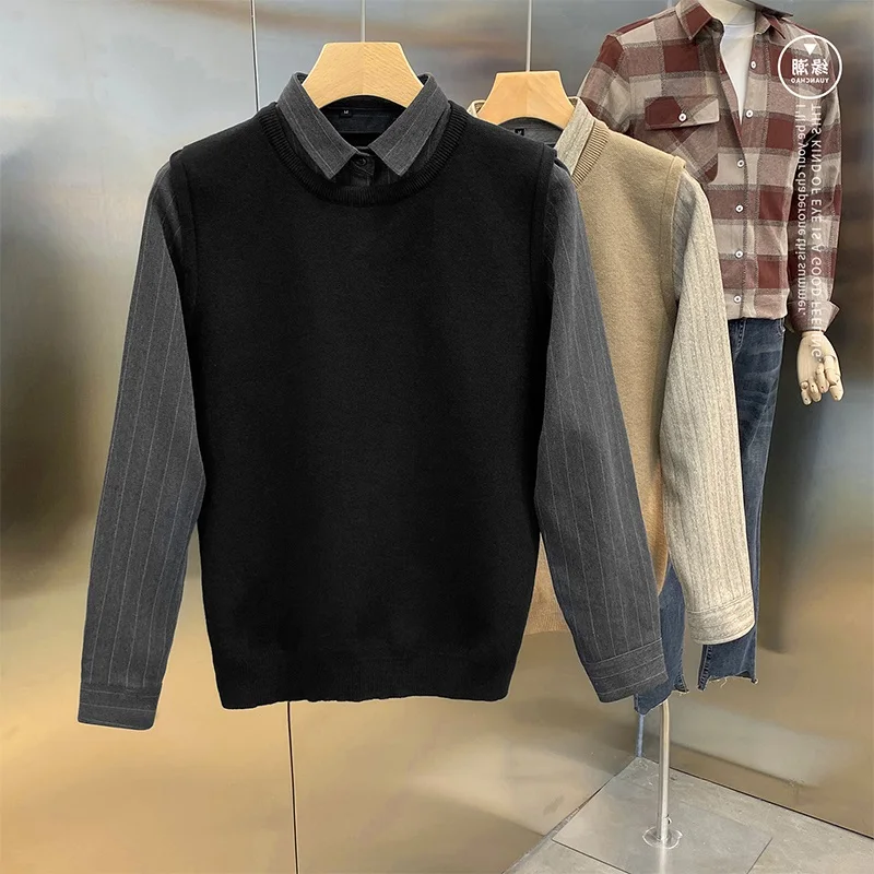 

Осенне-зимний мужской свитер с воротником-стойкой в стиле пэчворк, облегающий повседневный свитер в стиле ретро, корейская версия, топ