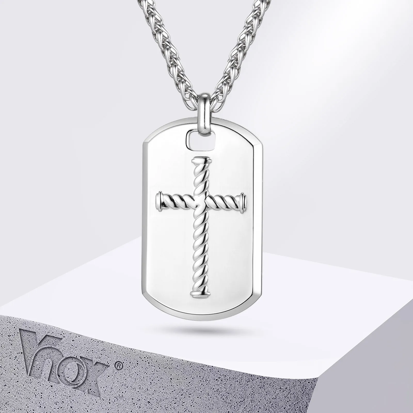 Vnox Chunky Cross Textured Stainless Steel Dog Tag Necklaces for Men,Heavy US Military Dogtag Religion Faith Pendant Wheat Chain