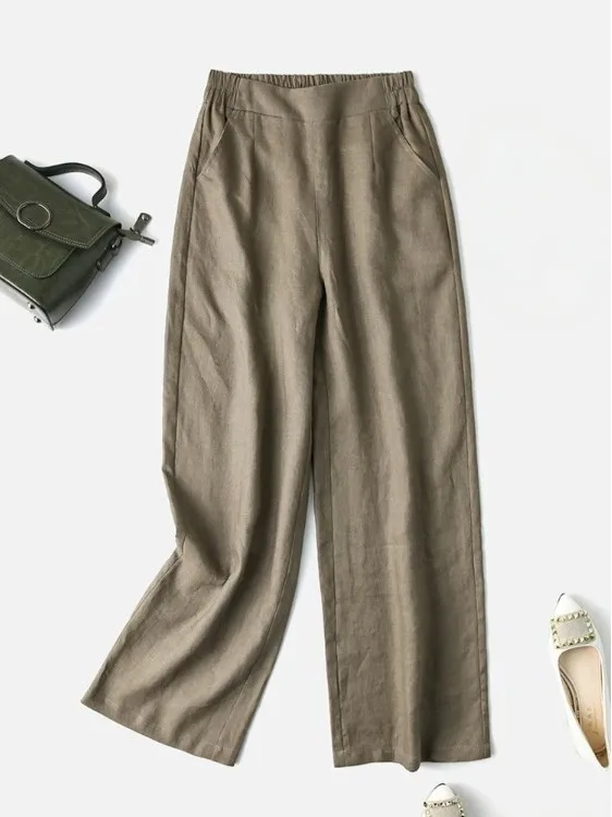 

Брюки с высокой талией и широкими штанинами, свободного кроя, однотонные, простого дизайна, повседневные, из хлопка и льна, длинные прямые брюки для женщин больших размеров