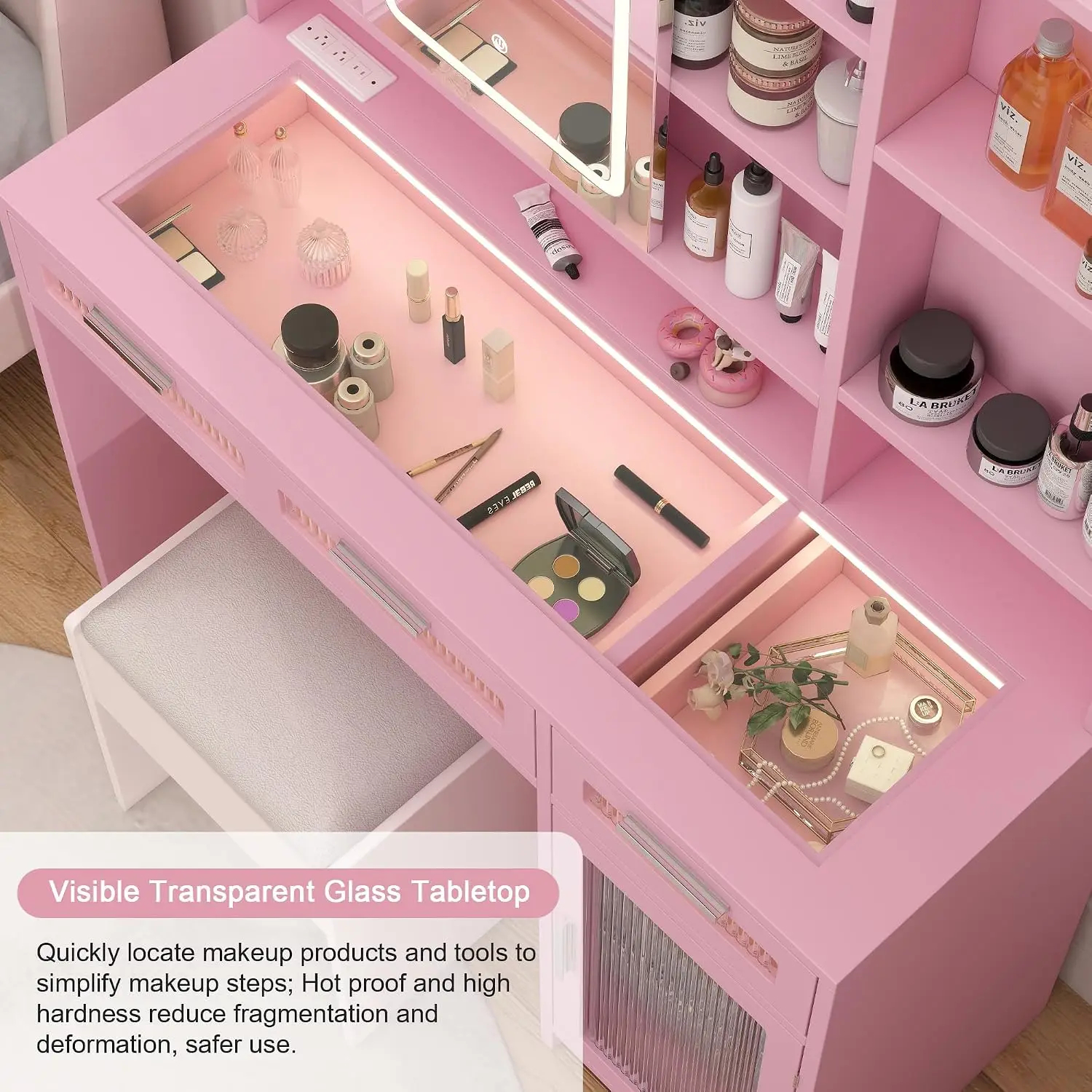 Pink Vanity Desk with Mirror & Lights, 43