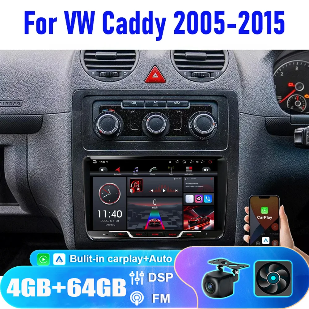 

9 "Двойной Din автомобильный радиоприемник для VW Caddy 2015-2019 CarPlay Android 15 Авто головное устройство Реверсивное изображение GPS Navi BT 4 + 64 ГБ