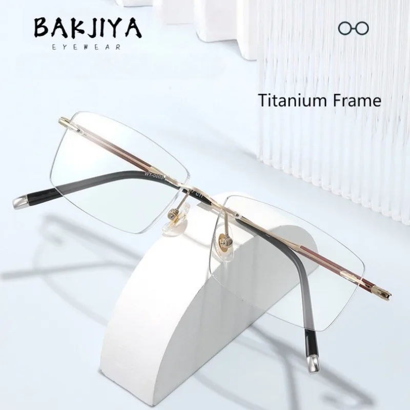 

High Quality Pure Titanium Men's Rimless Prescription Glasses Frame Reading Anti Blue Light Red Wood Temples Business Style Male