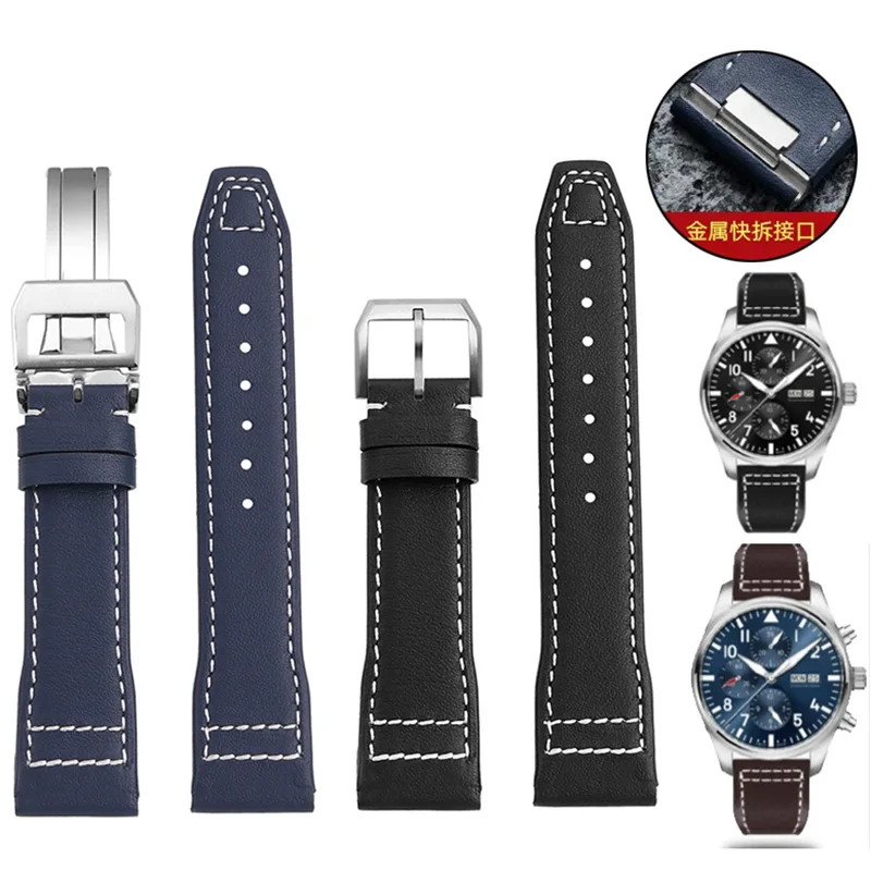 20mm 21mm Quick Release Cowhide Strap for IWC Mark 20 Pilot Little Prince IW388101 IW328201 IW3881 Steel End Link Watchband