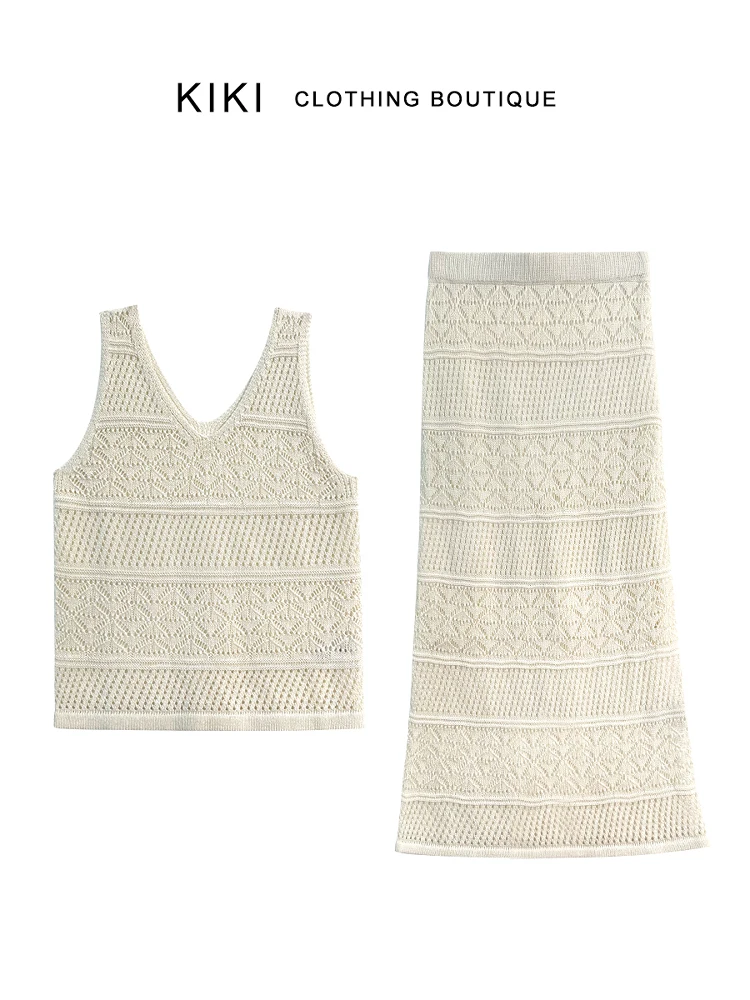 

Комплект из двух предметов: вязаный топ-жилет средней длины и юбка из шелка Kiki Qing Han Miao Miao, с ажурной вязкой, свободного кроя, для повседневной носки