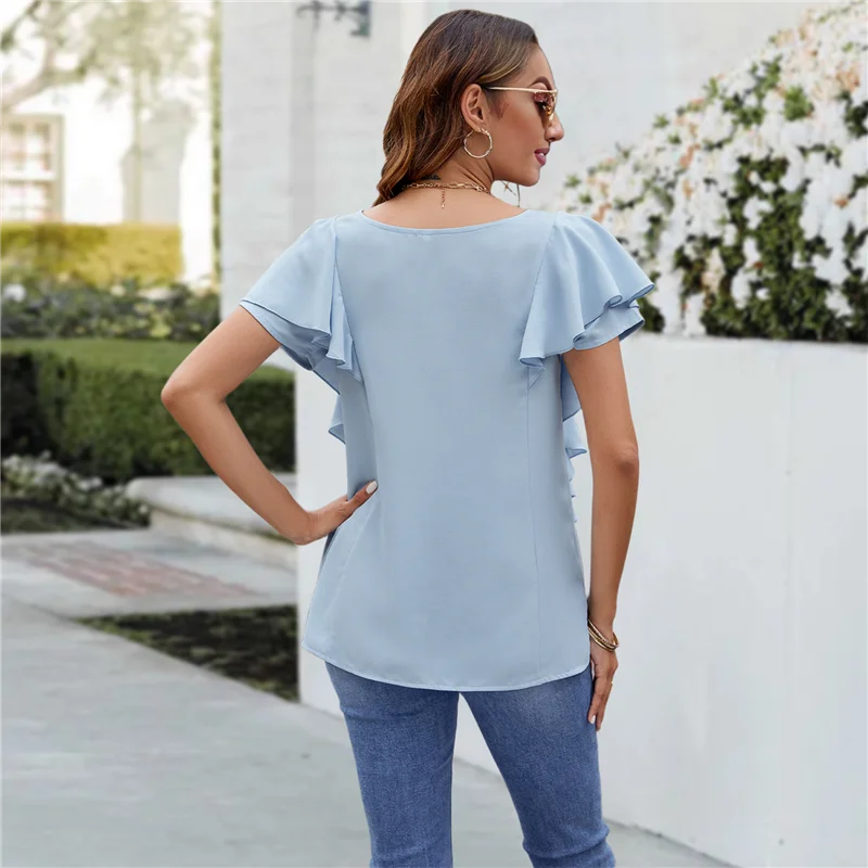 

ABRT-Womens Dressy Casual Tops V Neck Button Down Shirts Ruffle Short Sleeve Blouse