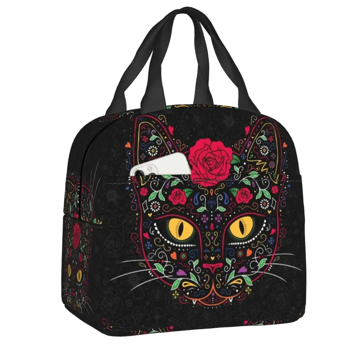 

Custom Day Of The Dead Kitten Cat Sugar Skull Insulated Lunch Bags Mexican Halloween Portable Thermal Cooler Food Lunch Box