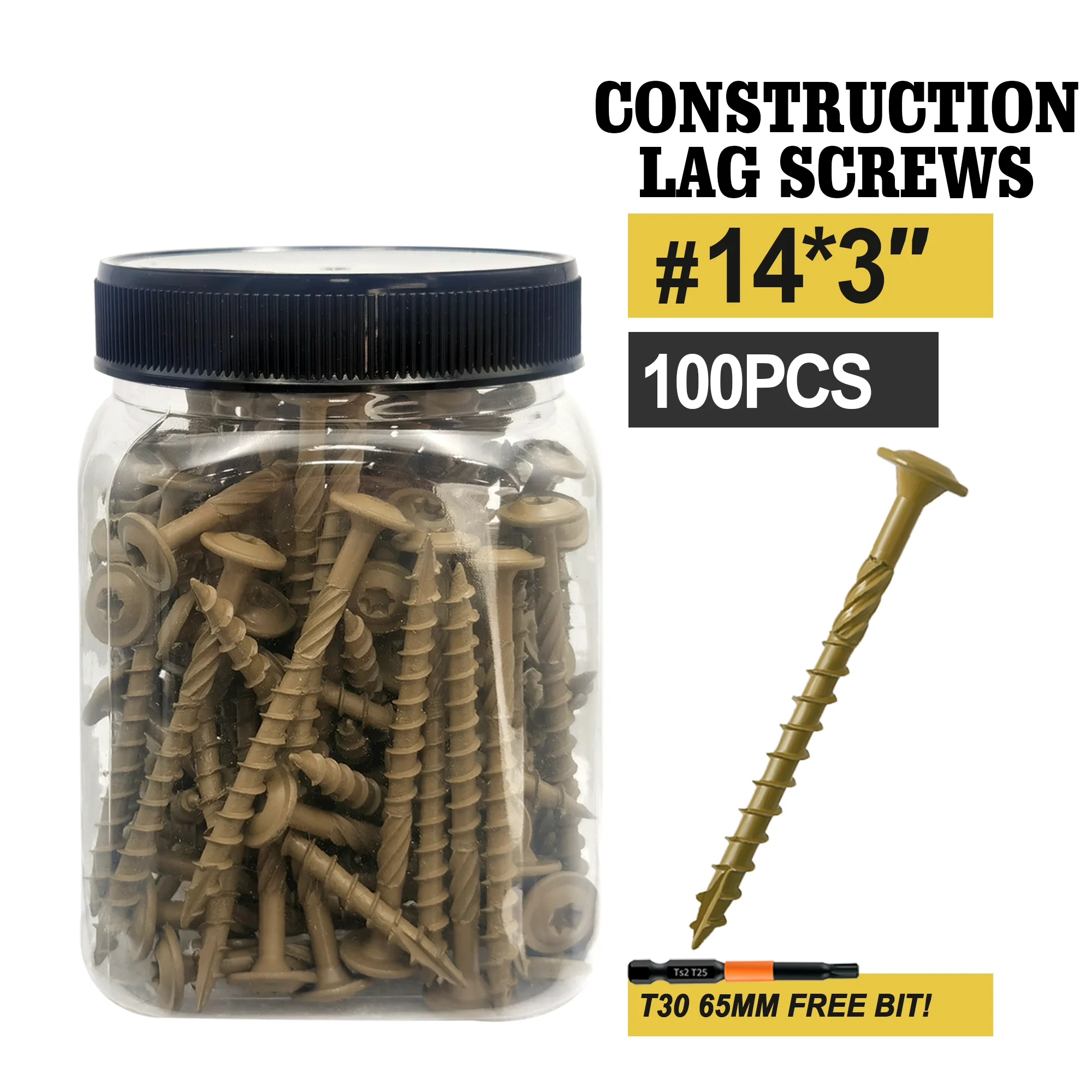 

Сверхмощный ВКККМ # Винты по дереву 14x3 (размер M8) Star Drive Torx, углеродистая сталь с антикоррозийным покрытием, бесплатная бита T30 для палуб