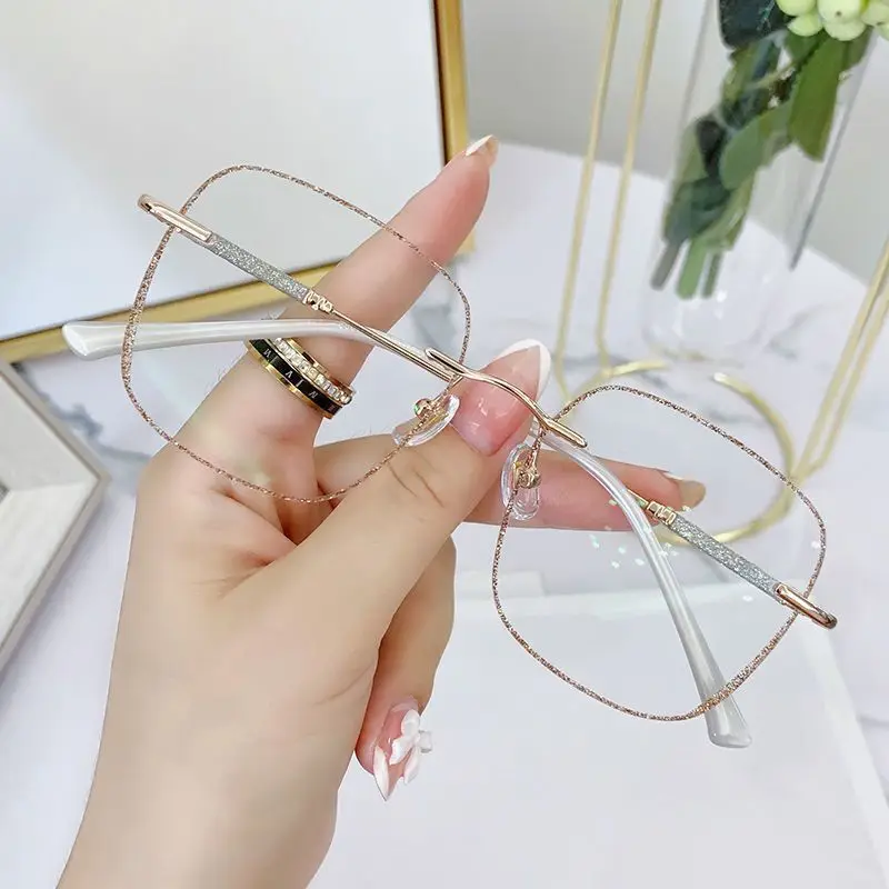 New Myopia Glasses Anti Blue Light Glasses Women Minus Glitter Diamond Frame Rimless Optical Glasses Fashion Eye Glasses