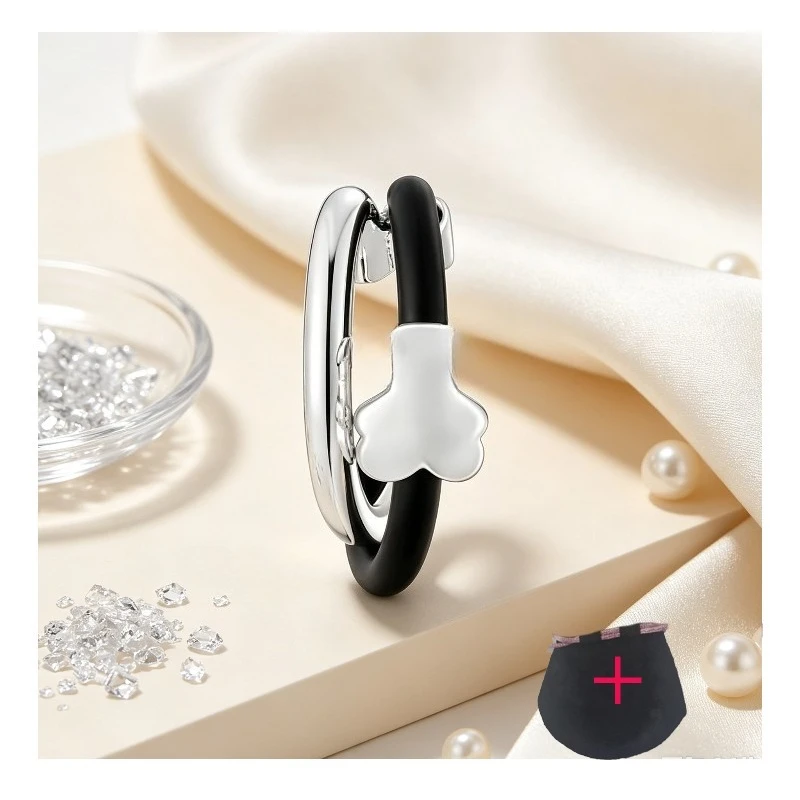 Women Cute Bear Open Adjustable Ring Silver Plated With Black Rubber Cushion Dainty Stackable Daily Wear Finger Accessories