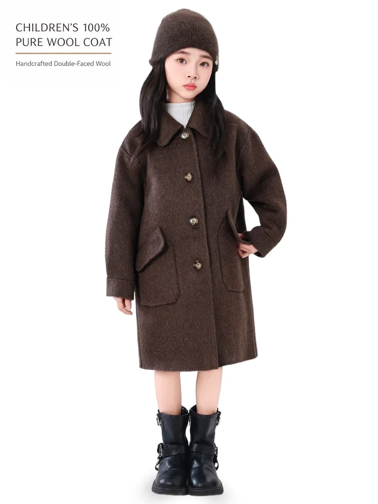 Children 100% Pure Wool Double-Faced Coat Unlined Long Single Breasted Overcoat Relaxed Patch Pocket Outerwear Kids Long Coat