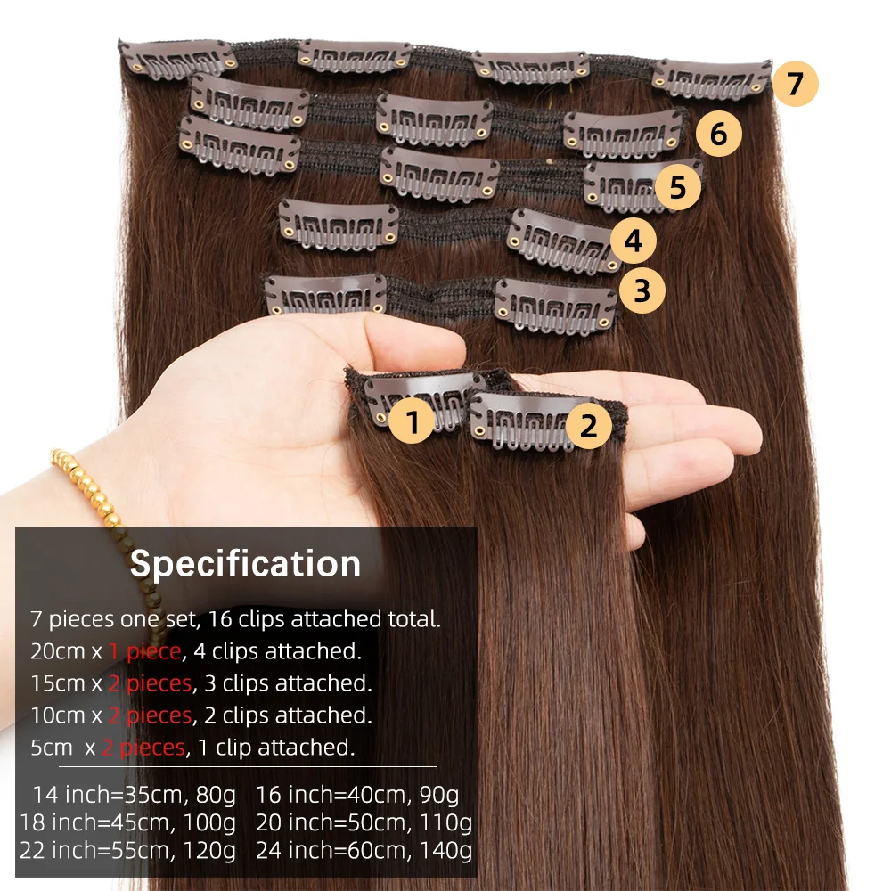 Straight Clip in Human Hair Extensions Woman Real Natural Hair Double Weft Human Hair Extension Black Brown Blonde Clip Ins 7pcs