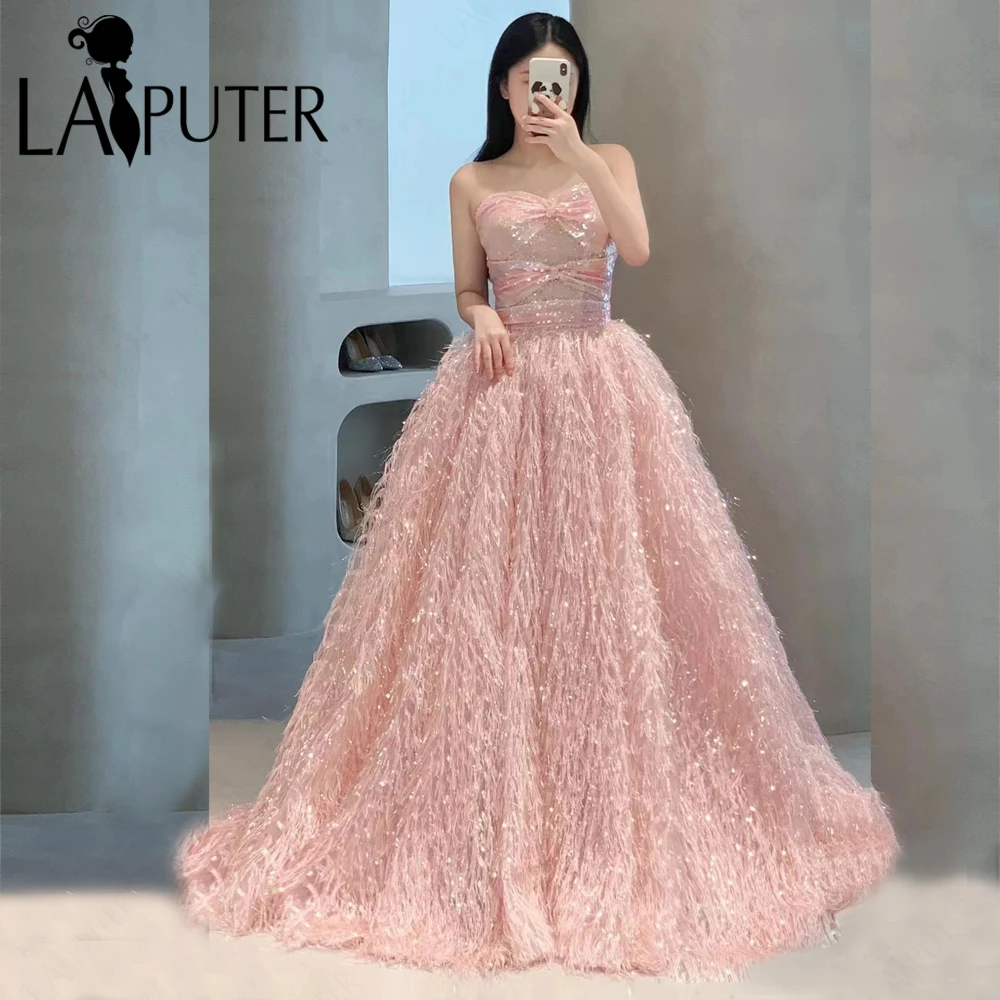 Struisvogel Roze A Lijn Avondjurken Glitter Lovertjes Veren Gezwollen Meisje Feestjurk Off Shoulder Schattige Prom Dress Geplooid
