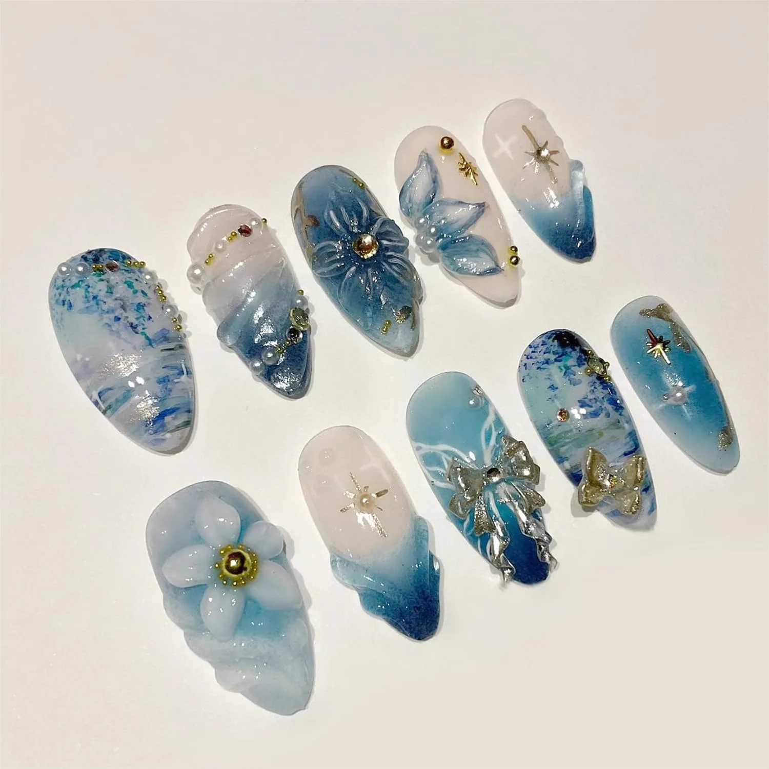 

30Pcs Handmade Blue Press on Nails Medium Almond Fake Nails with Gold Beads Charms Rhinestones 3D Butterfly Flower Star Pearl