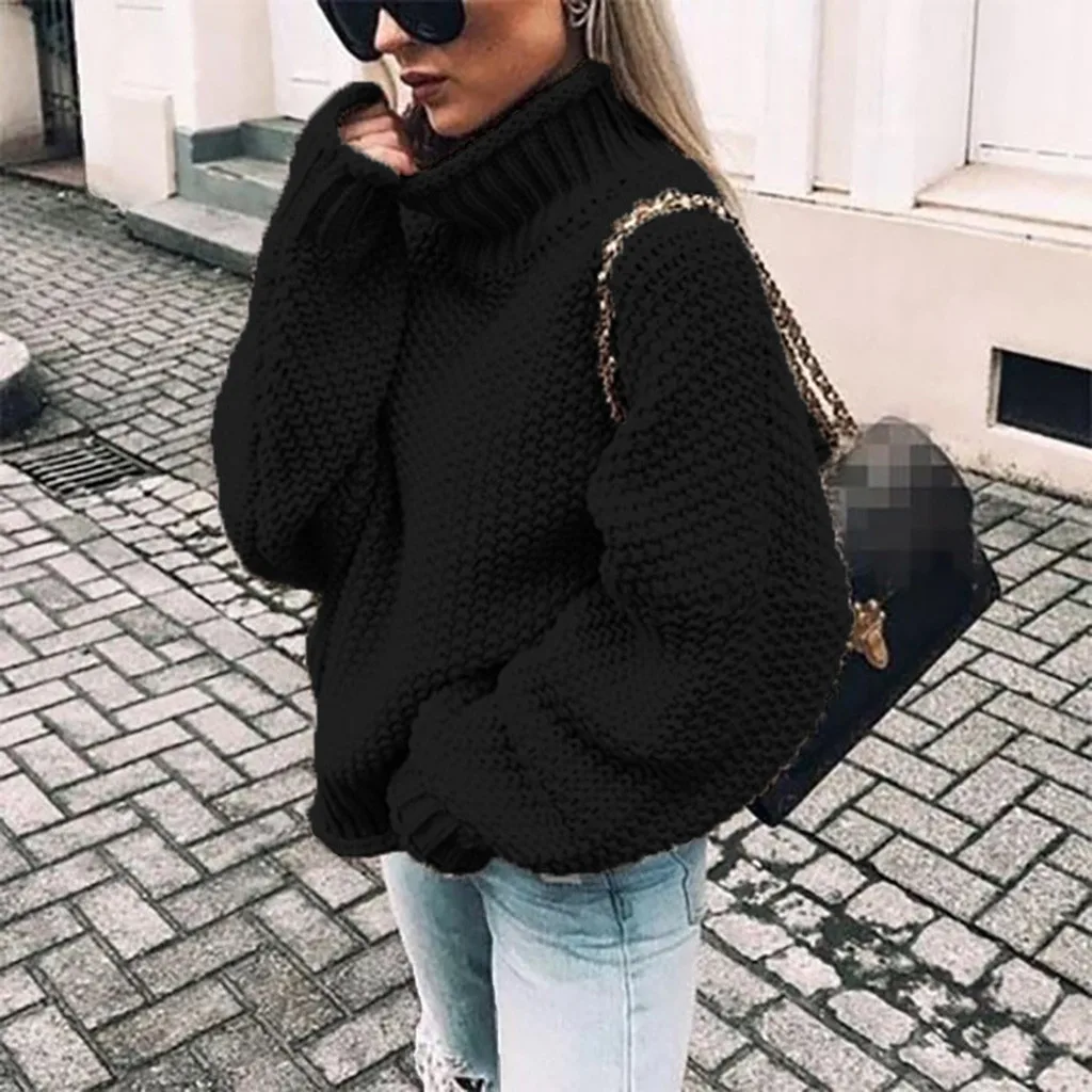 Autumn Winter Warm Knitted Sweater For Women Street Turtleneck Long Lantern Sleeves Knit Pullovers Tops Oversize Loose Sweater