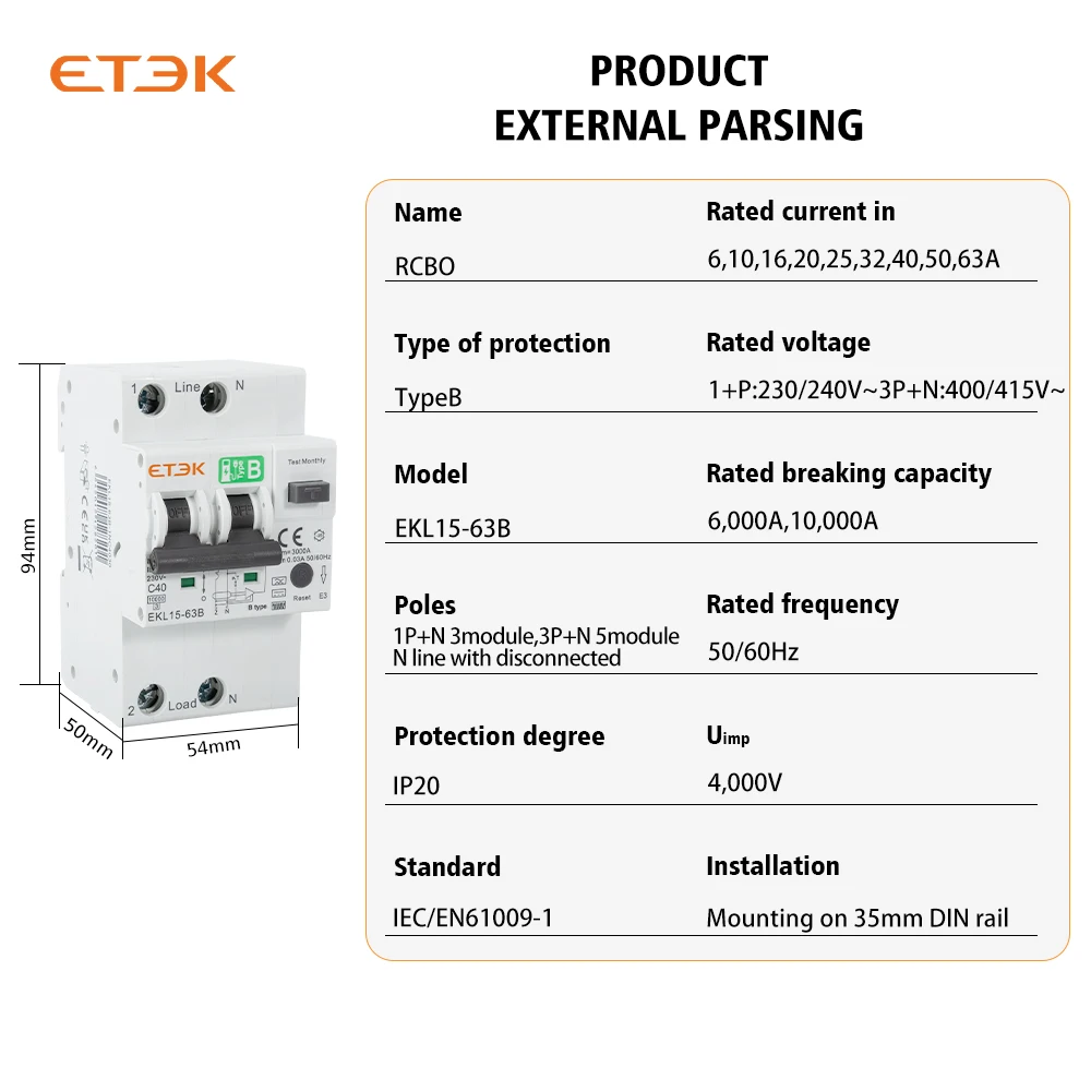 Interruttore magnetotermico ETEK tipo B protezione da sovracorrente e perdite 30mA bassa tensione RCD 2P 4P 40A RCBO EKL15