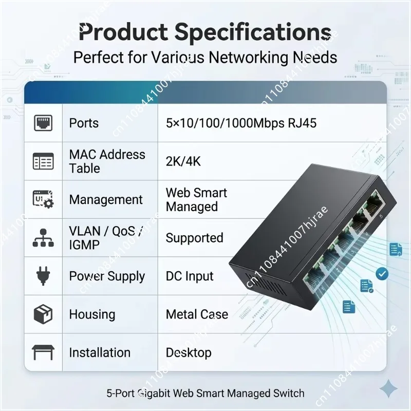 Metal Shell 5 Channel 1000M Unmanaged Switch Full Duplex VLAN Function 10/100/1000Mbps Ethernet Device For Small Network