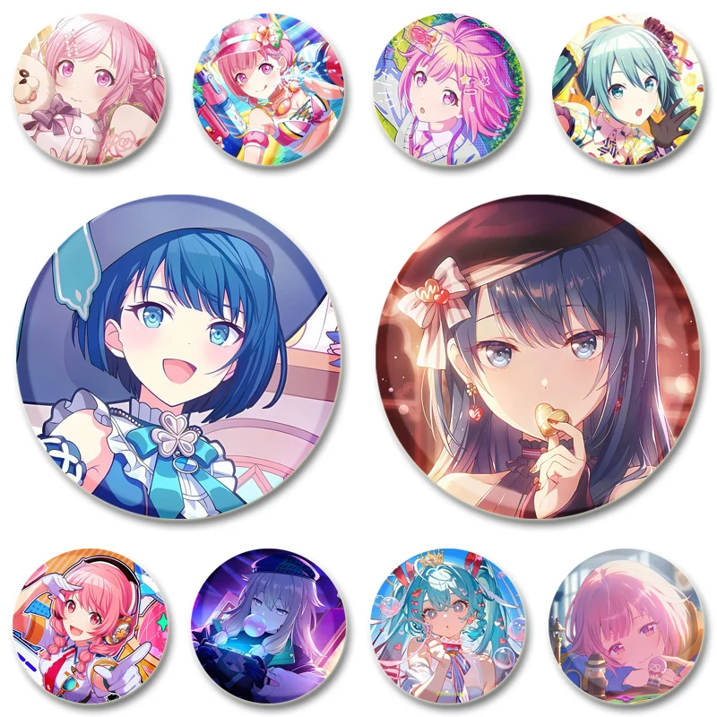 44/58mm Otori Emu Megurine Luka Kamishiro Rui Kusanagi Nene Badge Cartoon Cosplay Brooches for Backpack Clothes Hat Accessories