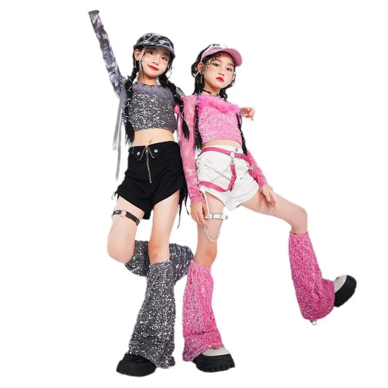 

Girls K-pop Sequin Crop Top Street Dance Shorts Kids Hip Hop Jazz Hot Pants Clothes Sets Children Streetwear Girl Group Costume