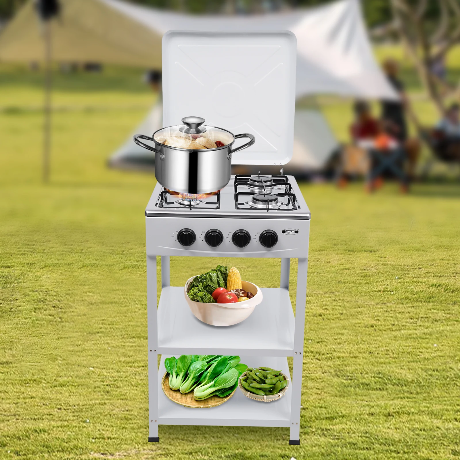 Outdoor 300000 BTU Stove Propane 4 Burner Portable Cooker BBQ Grill Windshelter Black with Detachable Storage Rack