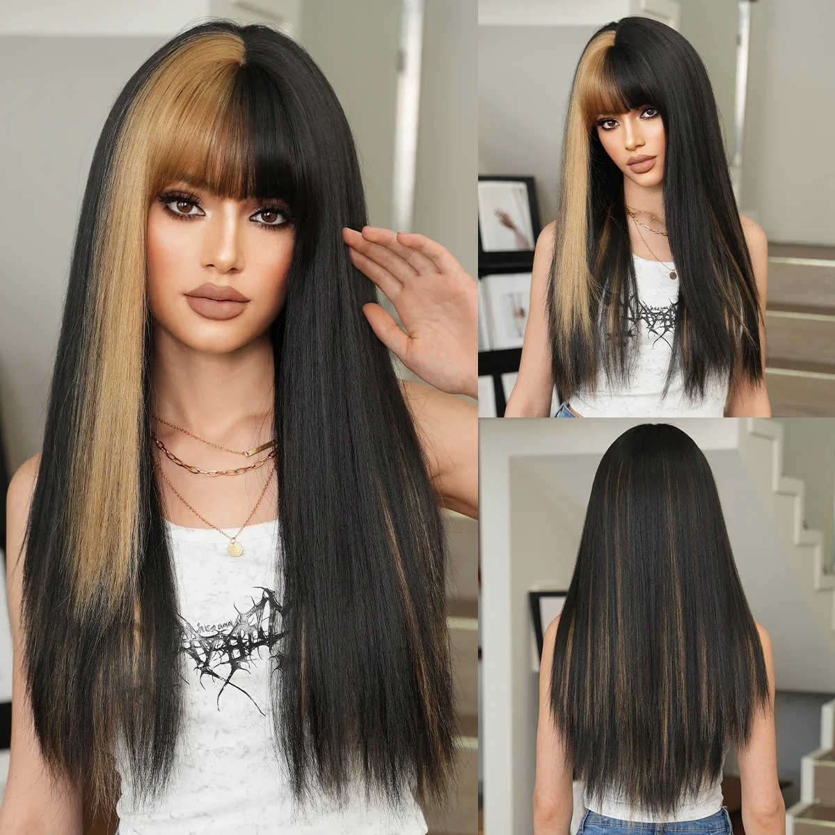 

NAMM Synthetic Long Body Straight Blonde Black Hair Wig With Bangs For Women Daily Party High Density Hair Ombre Wig