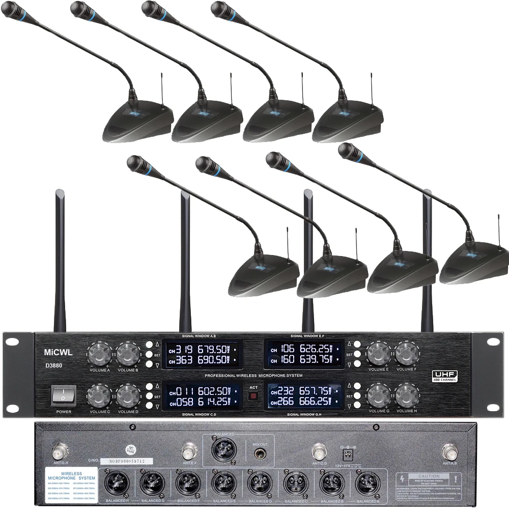 MiCWL 8 Desktop Gooseneck Audio Wireless Microphone 400 Channel Conference Radio Cordless Meeting Room System 8 XLR