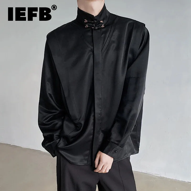 IEFB Chinese Style Men\'s Shirt Knot Button Long Sleeve Stand Collar 2024 Summer New Fashion Versatile Solid Color Clothing C5882