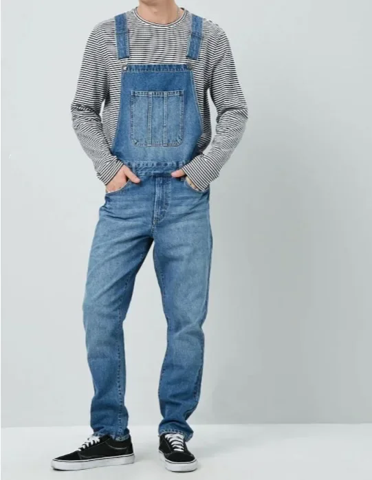 Men Street Denim Suspenders Pants 2025 Straight Long Jeans Male Splicing Pockets Denim Trousers Vintage Washed Overalls Jumpsuit